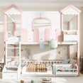 thumbnail image 2 of Bellemave Full Over Full House Bunk Bed with Storage, Wood Detachable Design Floor Bunk Bed Frame with Bookshelf, Drawer, Roof and Windows for Teens Kids Boys Girls, Playhouse Design（Pink), 2 of 8