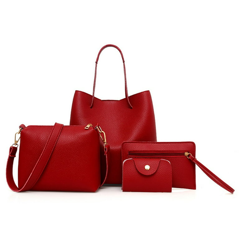 4Pcs Women Fashion Bag Solid Color Soft Faux Leather Shoulder Bag Handbag  Purse Set,Wine Red