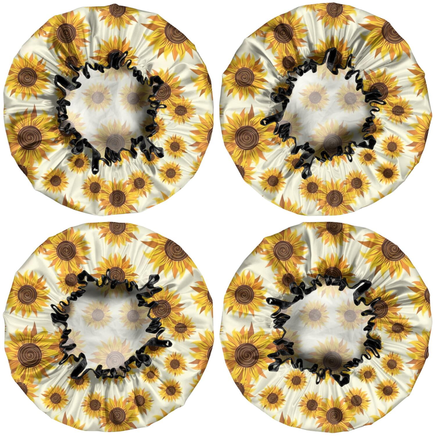 Shower Caps,Yellow Brown Sunflower Pattern Waterproof Shower Cap for Women 4 Pieces,Double Reusable Hair Cover for Shower PEVA Elastic Stretch Hem