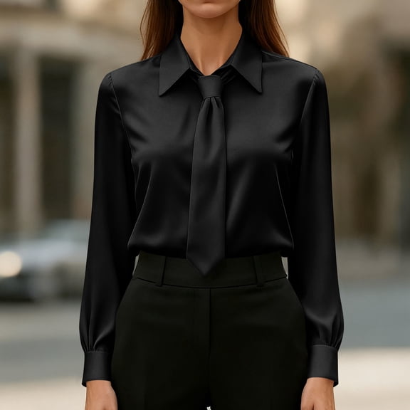 Dresfit Womens Polo Shirt Collared Dress Shirts with Bow Tie Summer Long Sleeve Satin Business Silk Blouses Spring Lightweight Loose Formal Tops Black 2XL