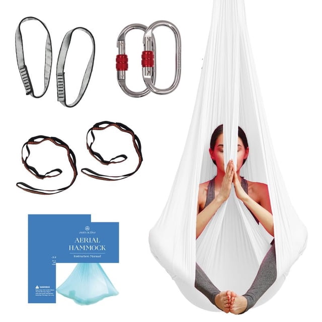 Hamaca y Columpio de Tela Aérea para Yoga en Casa, Ejercicios de Inversión, Kit Inicial para Todos los Niveles - Duradero con Correas de Extensión, Mosquetones y Guía de Posturas