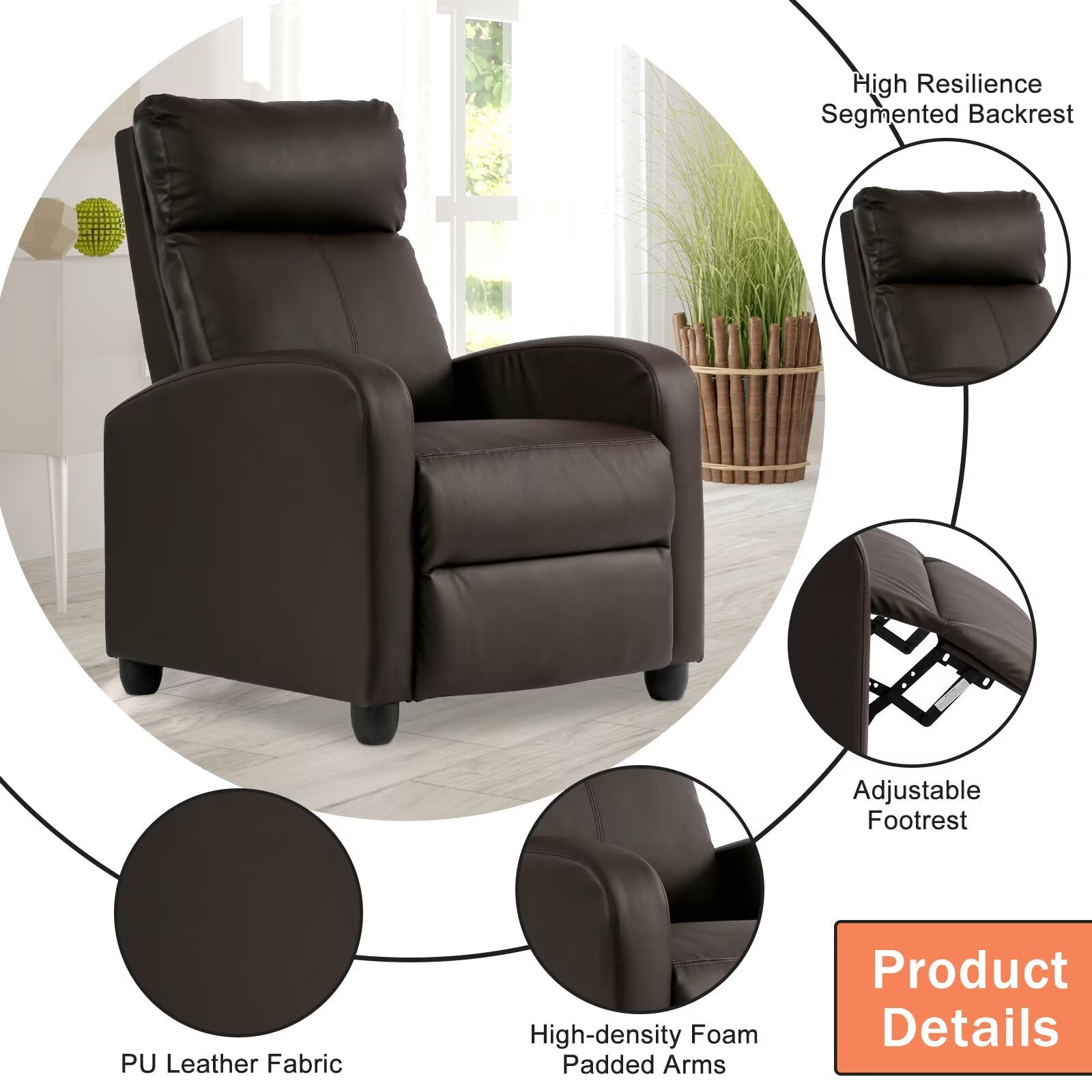YRLLENSDAN Recliner Chair for Living Room Home Theater Seating Single Sofa Lounge with Padded Seat Backrest PU Leather for Adults, Brown