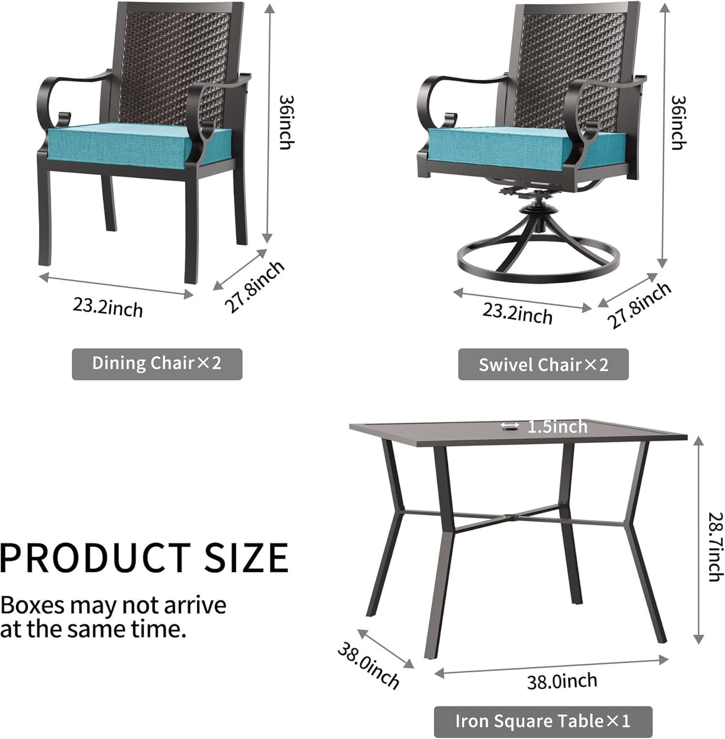 Kullavik 5 Pieces Dining Set for 4 ,Rattan Wicker Chairs & Swivel Chairs,Iron Square Table w/ Parasol Hole,Outdoor & Indoor Rattan Patio Dinging Set For Patio,Backyard,Garden,Poolside-Blue