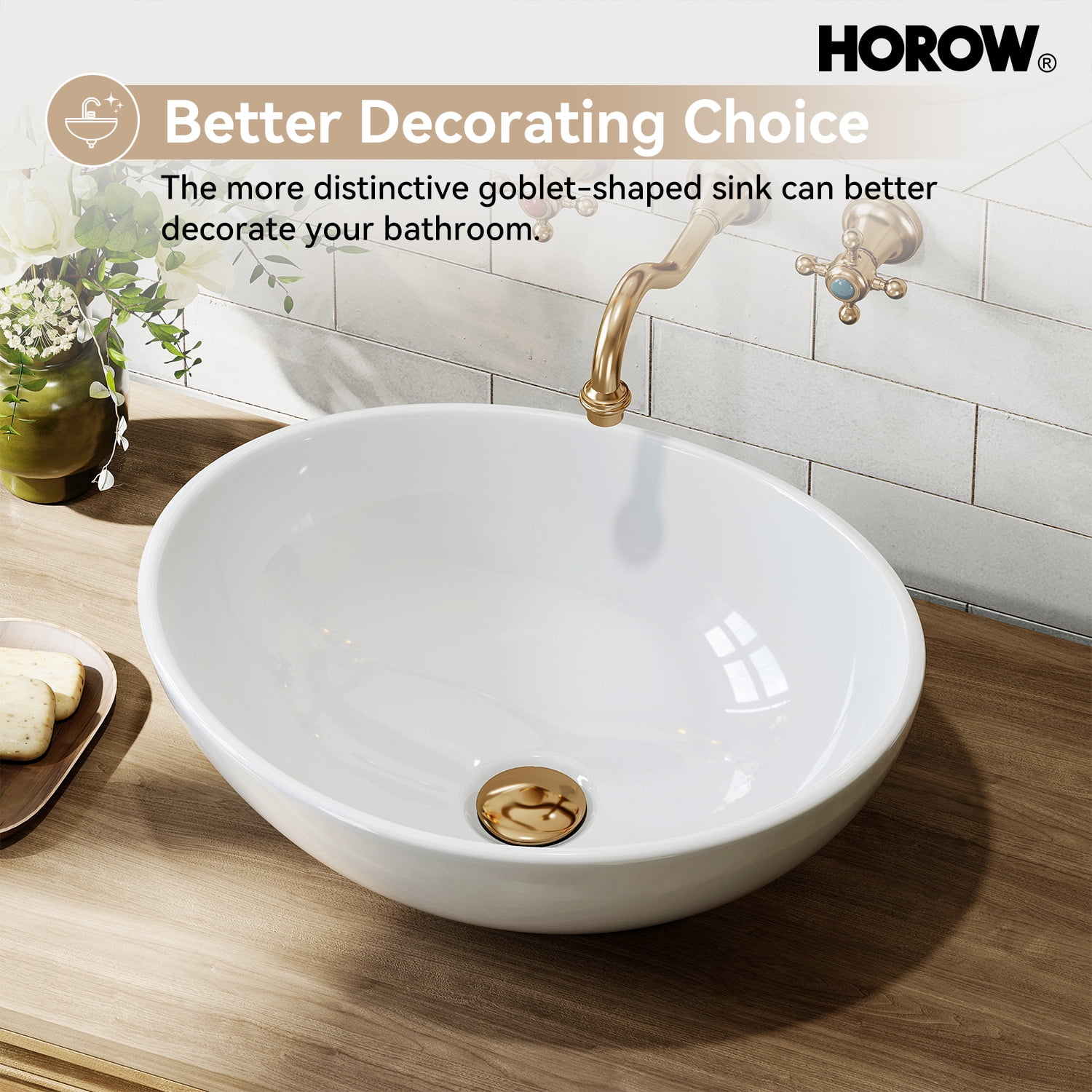 HOROW Bathroom Vessel Sink, 16'' X 13'' Oval Modern Above Counter Vanity White Porcelain Ceramic