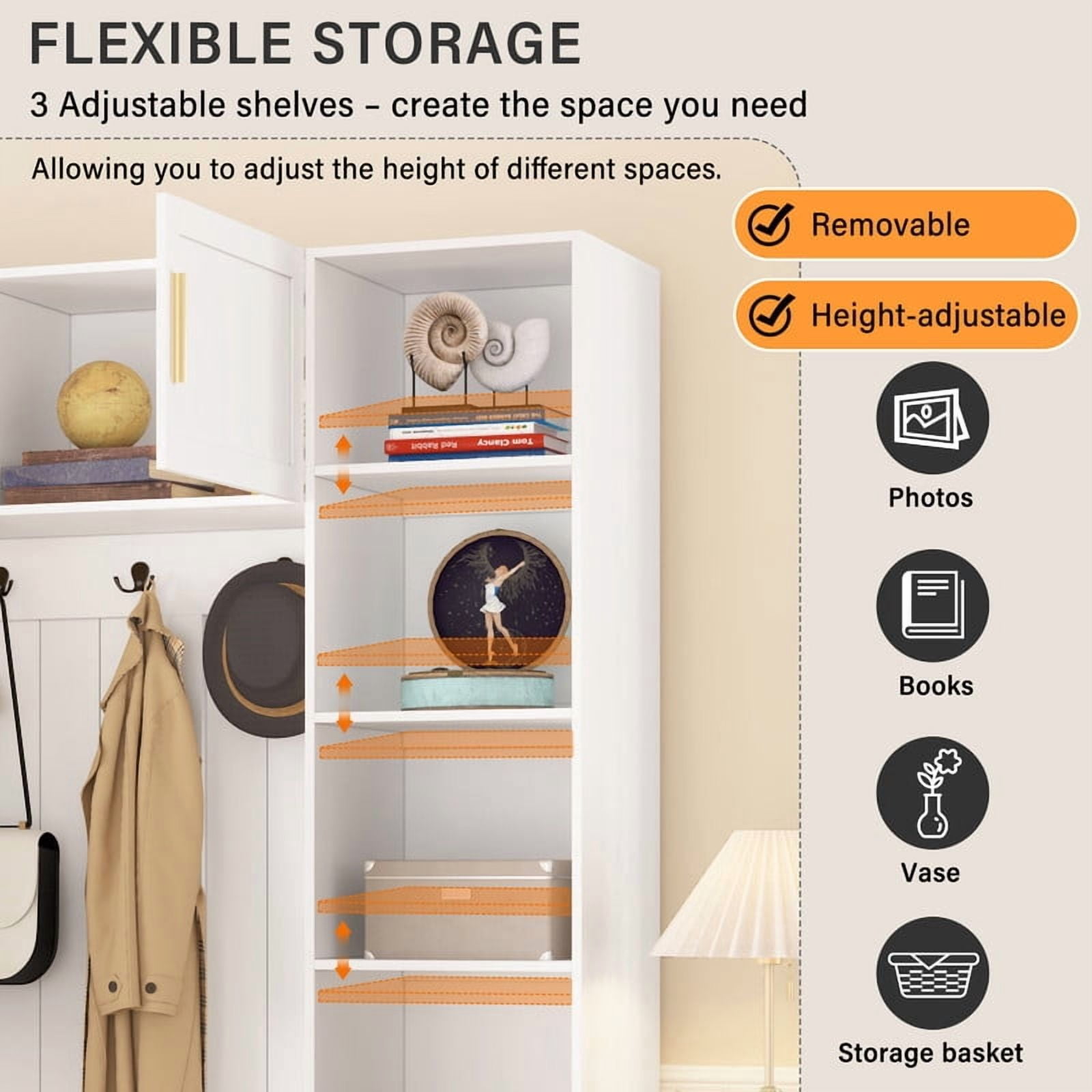 4-in-1 Large Hall Tree with Padded Shoe Bench, Storage Wardrobe Organizer Unit with Cabinets, Hooks, Drawers and Adjustable Shelves