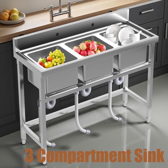3 Compartment Sink of Stainless Steel， 550lbs Outdoor Sink with Hose Sink, Metal Sink and Industrial Sink for Kitchen Restaurant, Backyard