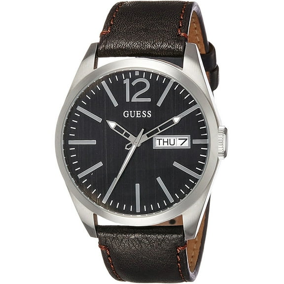 GUESS W0658G3,Men dress,Leather Strap,Black dial,Stainless Steel Case,Three Hands,Day and Date,WR
