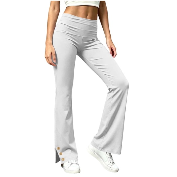 biudgviw Yoga Pants for Women High Waisted Wide Leg Trousers Side Split Casual Lounge Pants with Buttons for Gym Workout(White,X-Large)