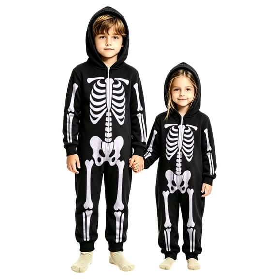 GrmtClth Family Halloween Onesie Full Zip Hooded Skeleton Print Long Sleeve Matching Family Cosplay Jumpsuits 4 Years