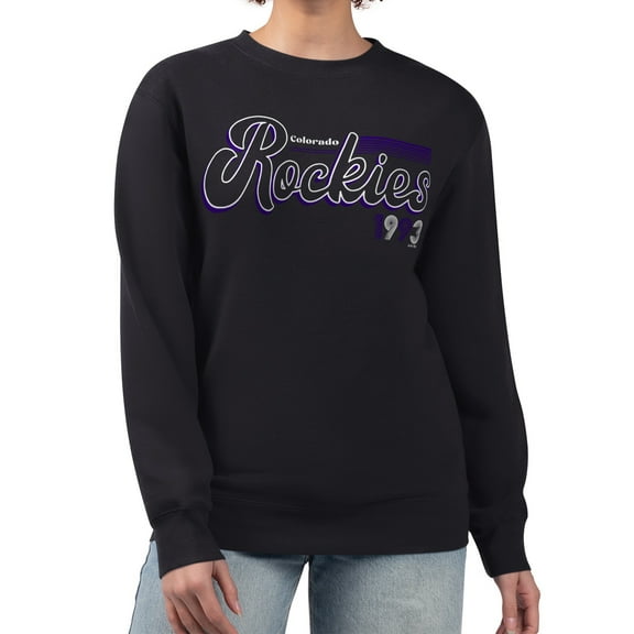Women's Starter Black Colorado Rockies Groovy Script Team Fleece Pullover Sweatshirt