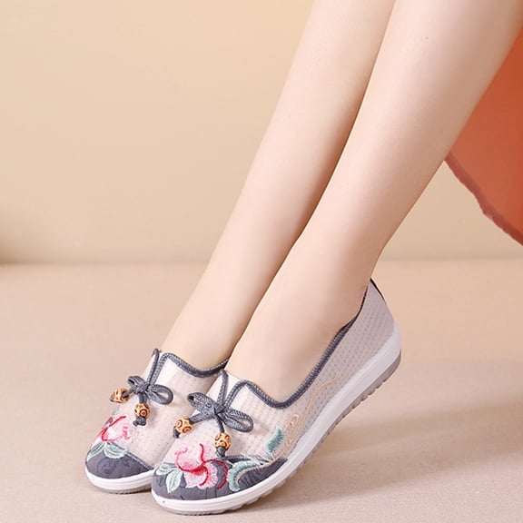 Women's Embroidered Hanfu Shoes, Breathable Mesh Traditional Chinese Style Flats, Cultural Costume Shoes for Cosplay & Festival Gray 37