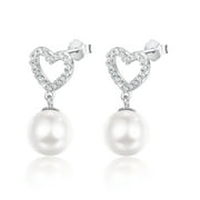 CUOKA MIRACLE Pearl Stud Earrings 925 Sterling Silver Pearl Dangle Earrings Cubic Zirconia Heart Earrings Studs Pearls Jewelry Bridal Wedding Christmas Gift for Women Wife Mom Grandma