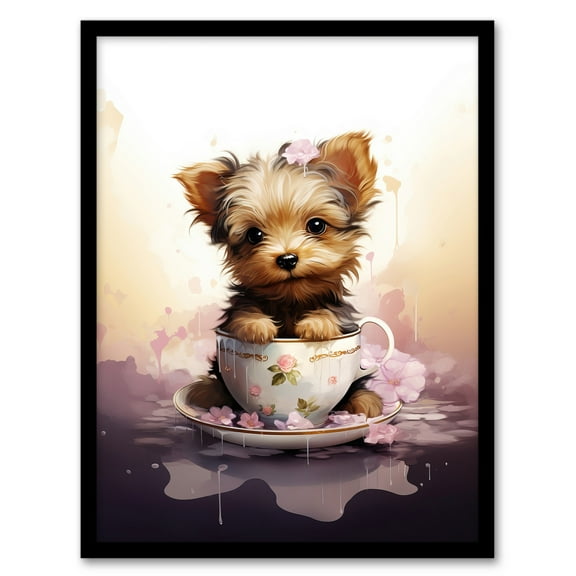Tea Cup Yorkshire Terrier Lovers Gift Watercolour Pet Portrait Painting Artwork Art Print Framed Poster Wall Decor 12x16 inch