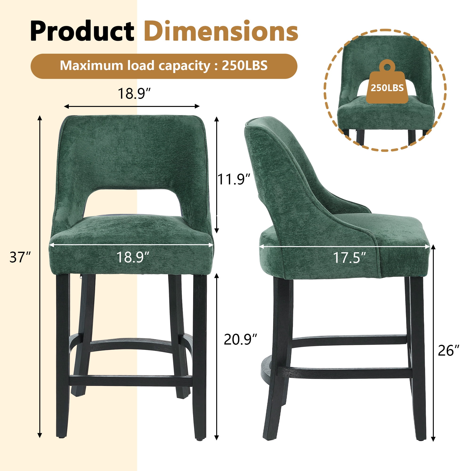 ClinQ 26'' Counter Height Bar Stools Set of 4, Upholstered Bar Stools With Black Curved Footrest， Modern Counter Stools with Back for Kitchen Island ，Green
