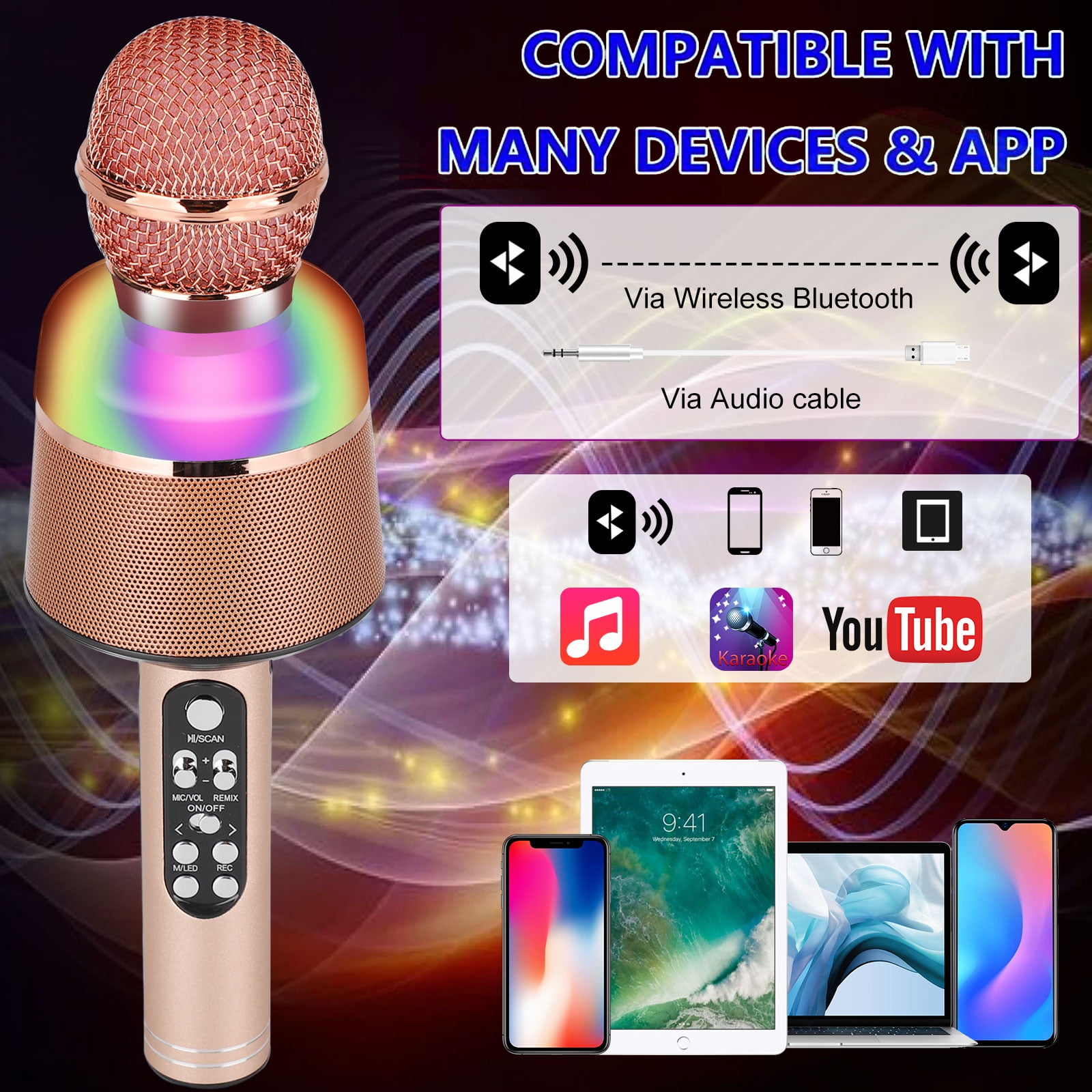 LNKOO Bluetooth 5 in 1 Karaoke Wireless Microphone with LED Lights, Portable Microphone for Kids, Best Gifts Toys for Kids, Girls, Boys and Adults