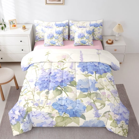 Manfei Chic Hydrangea Flower Twin Bedding, Garden Floral Bedding Comforter Set, Baby Blue Cream Green 7 Pieces