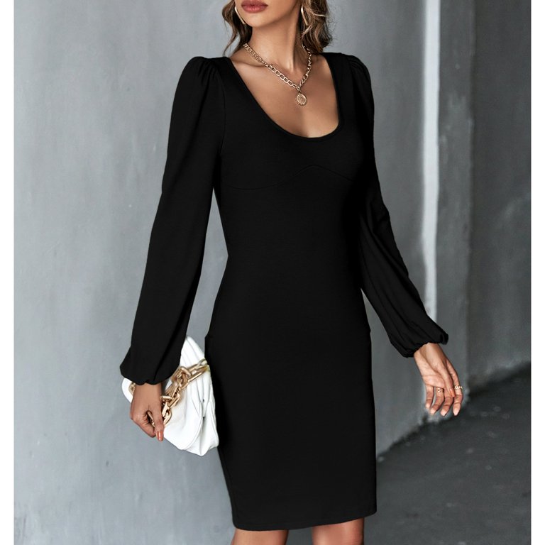 Swsmclt Women's Midi Dresses Long Sleeve High Waist Spring Dress U Neck Party Fall Cocktail Fitted Backless Black Medium