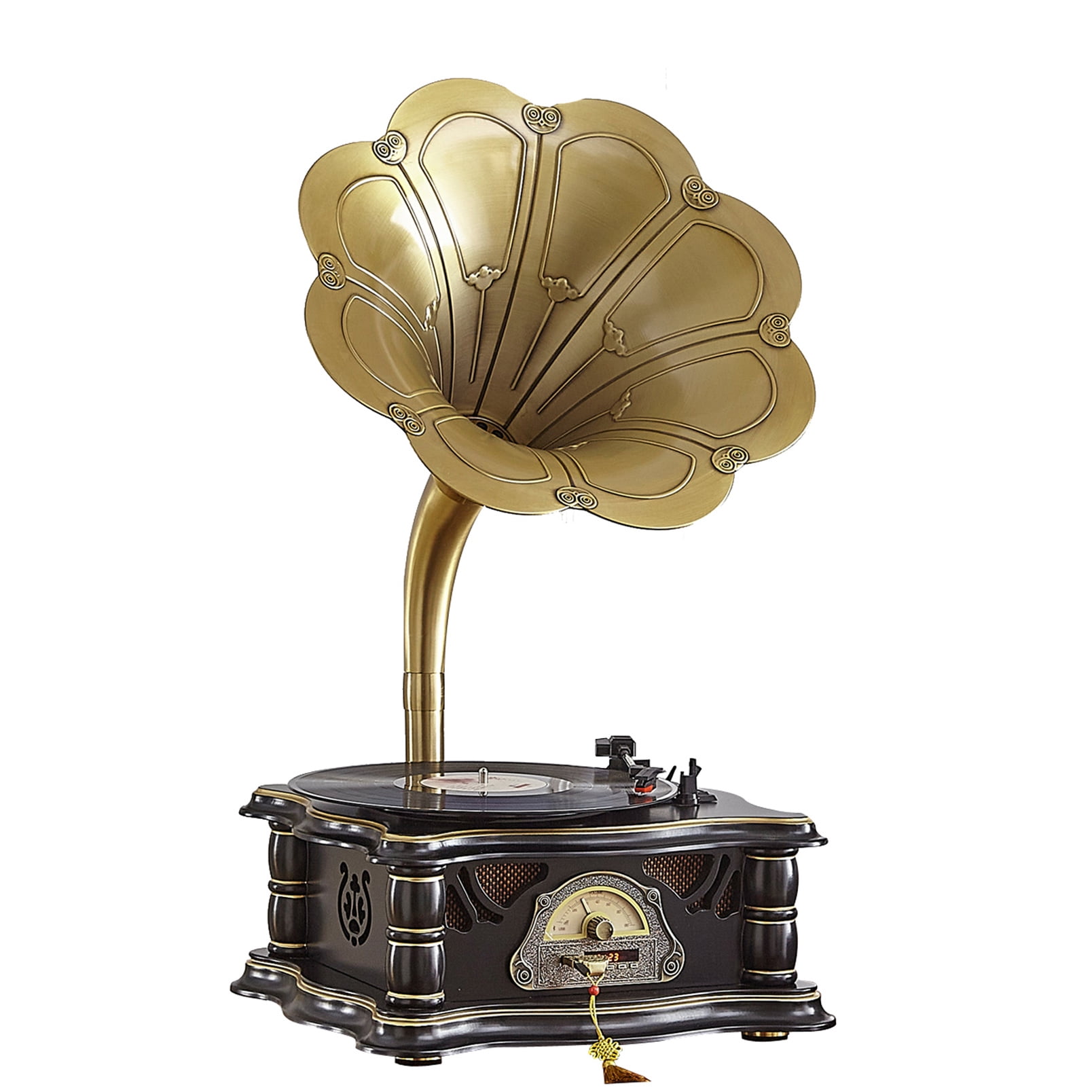 Wooden Vintage Gramophone Record Player Retro Phonograph Record Player Horn Vinyl Audio Turntables with FM/USB Audio in/Bluetooth Audio in for Home/Office/Hotel/Restaurant/Party/Birthday/Christams