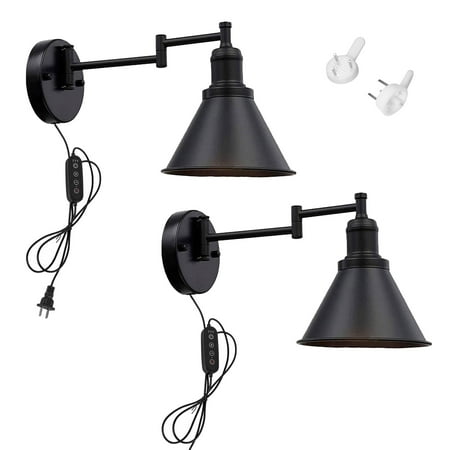 

FSLiving Dimmable Timer Set Adjusted Wall Lighting 5.9Ft Plug in Power Cord E26 Base Metal Vintage Black Wall Light Fixture for Staircase Restaurant Bay-Window Bedside Loft Home Hallway-2 Pack