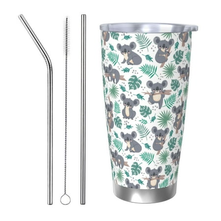 

Zeuib Bears and Tropical Leaves Printed 20oz Stainless Steel Insulated Car Cup Stainless Steel Thermal Cup Vacuum Insulated Leak-proof Travel Mug Cup-Straw Three-piece Set