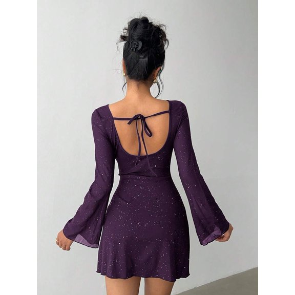 Purple Glitter Tie-Back Long Sleeve Fitted Mini Dress With Bell Sleeves For Women