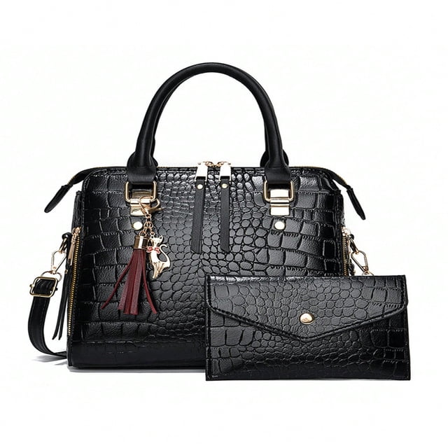LNGOOR Women‘s Fashion Crocodile Pattern Mother-Bag Two Piece Set Large Capacity And Versatile Handbag With Tassel Pendant Gift