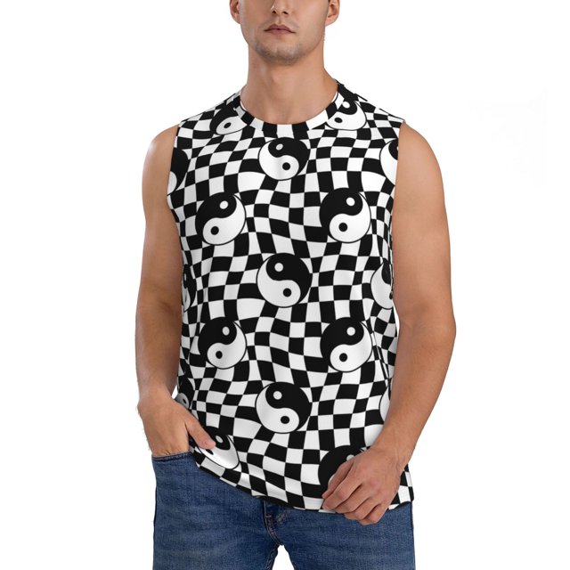 Fotbe Ying Yang Checkered Men's Camiseta sin Mangas Estampada para Hombres, Playera Casual para Gimnasio, Entrenamiento, Playa-Large