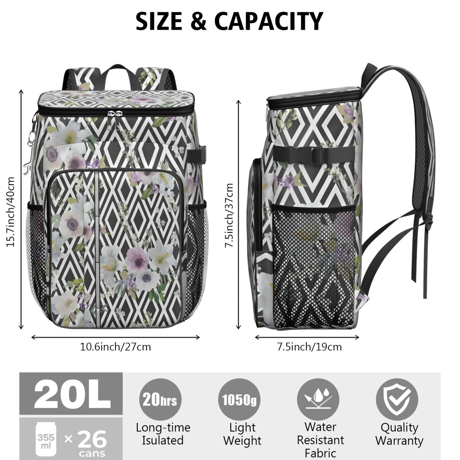 Travel Cooler Bag - Pioneer Flower Floral Print Pattern Camping Beer Cooler Backpack with Bottle Opener- Waterproof Insulated Picnic Backpacks - Cooler Bag for Beach