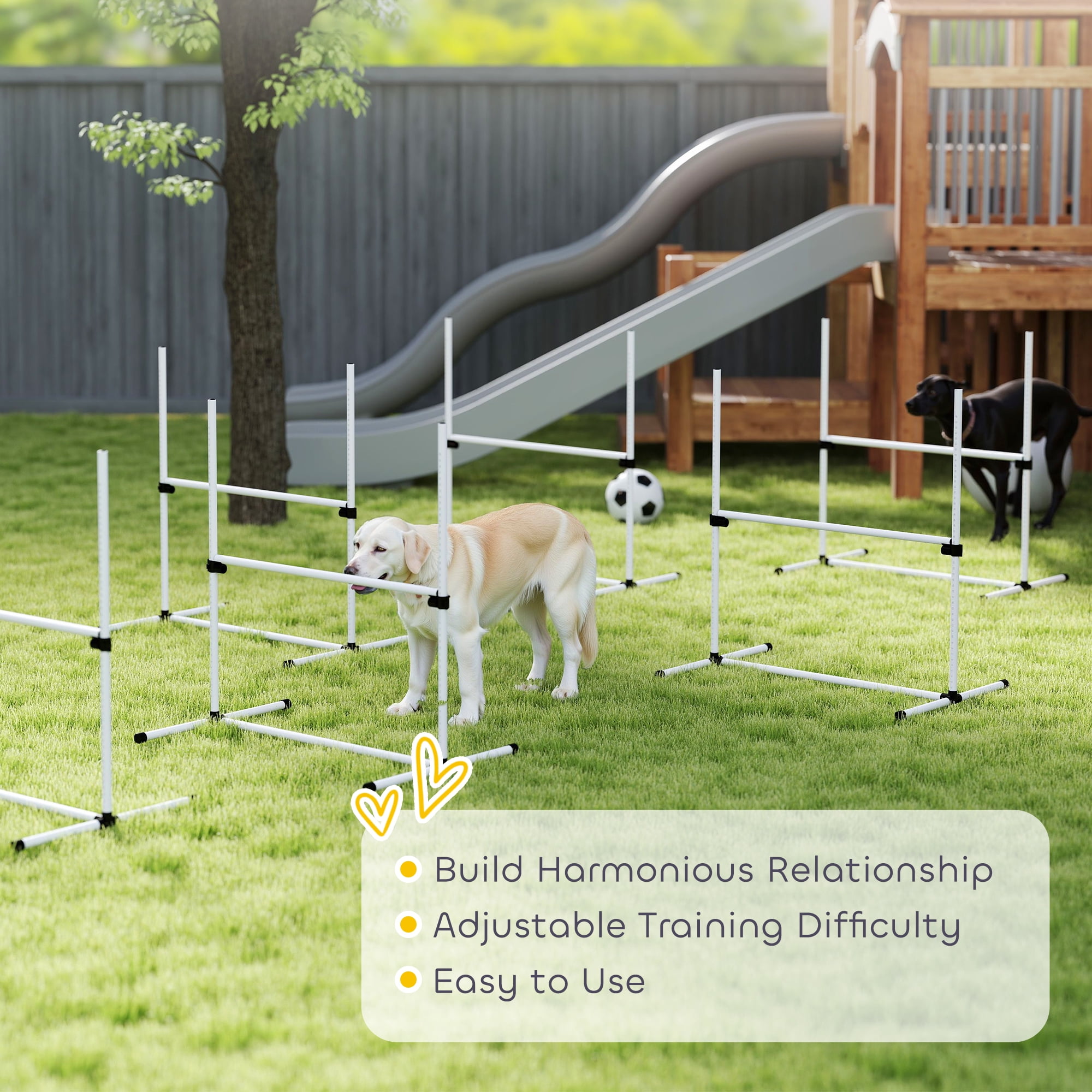 6 Piece Dog Agility Training Equipment for Dog Agility Course with Adjustable Height Jump Bars, Included Carry Bag, & Displacing Top Bar, White