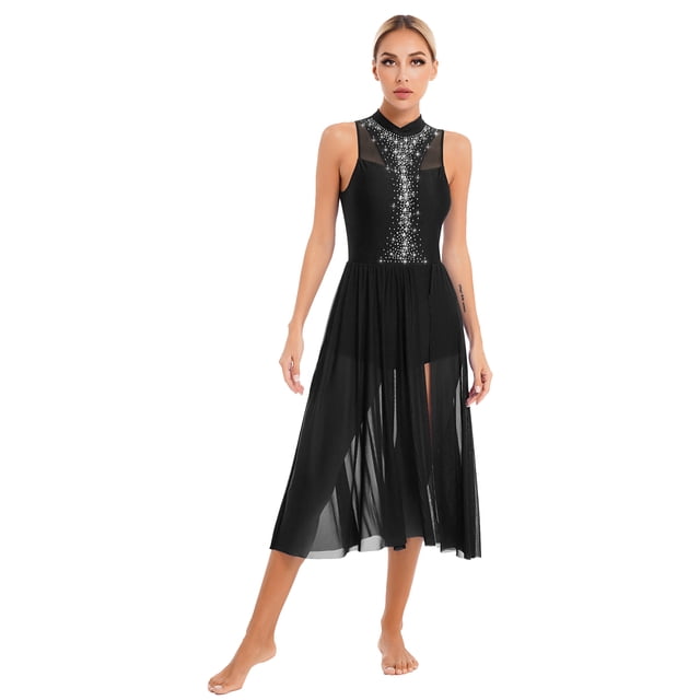 Doomiva Costume de Danse Lyrique pour Femmes Robe en Strass Ballet Danse Noir G
