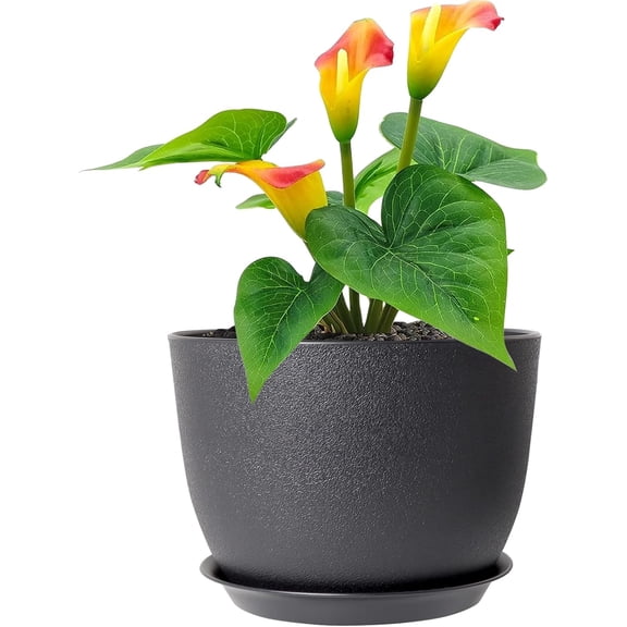 12 inch Large Plant Pots, Plastic Planters with Drainage Holes and Saucers, Flower Pots for Indoor Outdoor Plants, Modern Decorative Garden House Black