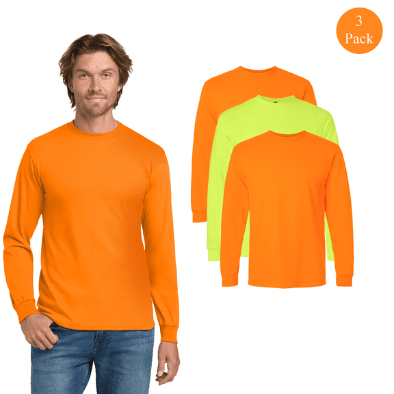 Gildan High Visibility Ultra Cotton Long Sleeve T-Shirt for Adult, Hi Vis Classic Multicolor Work Tee, 3 Pack, S