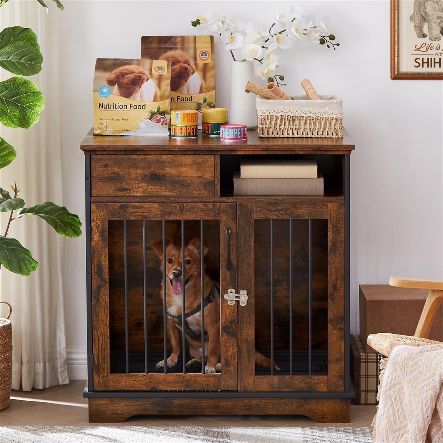 Pefilos 37.8" Dog Crates for Indoor Dogs, Heavy-Duty Dog Cage Furniture, Decorative Wood Kennels with Removable Trays and Feeding Bowls, Brown Pefilos 37.8" Dog Crates for Indoor Dogs, Heavy-Duty Dog Cage Furniture, Decorative Wood Kennels with Removable Trays and Feeding Bowls, Brown