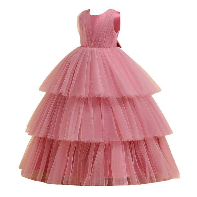 PMVFHDE Robe Tutu Fille à Volants Manches Bouffantes en Maille Robe de Princesse Robe de Fête, Rose Vif, 4-5 Ans