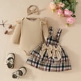 thumbnail image 3 of Newborn Baby Girls Ruffle Long Sleeve Ribbed Romper Top Bowknot Plaid Suspender Skirt Set For 0-18M Infant Girl Winter Dress Outfits, 3 of 11