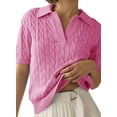 thumbnail image 2 of Women'S Cable Short Sleeve Sweaters Tops Solid Lapel V Neck Knit Casual Soft Pullover Shirt Pink L, 2 of 6