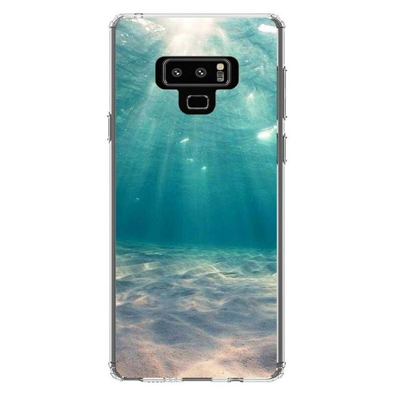 DistinctInk Clear Shockproof Hybrid Case for Samsung Galaxy Note 9 - TPU Bumper, Acrylic Back, Tempered Glass Screen Protector - Underwater Sun Sand