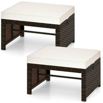 Costway 2 PCS Patio PE Rattan Ottomans with Soft Zippered Cushions for Deck Outdoor White