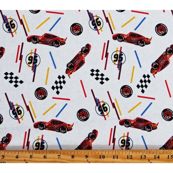 Cotton Lightning McQueen Tires Toss Disney Cars Racecar Kids Children's White Cotton Fabric Print by the Yard (76824-A620715)