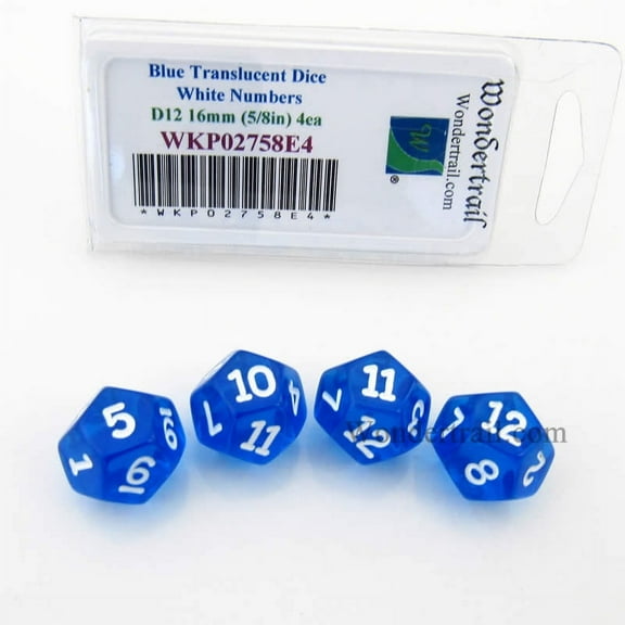 Blue Transparent Dice with White Numbers D12 16mm (5/8in) Pack of 4 Wondertrail