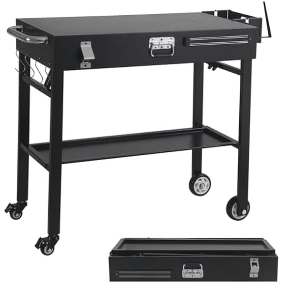 Portable Grill Cart for Blackstone Griddle with Lock, Shelves & Caddy - Fits 17 or 22 Inch Grills, Foldable Outdoor Cooking Stand for Outdoor Tailgate and Camping, Black$$Garden & Patio