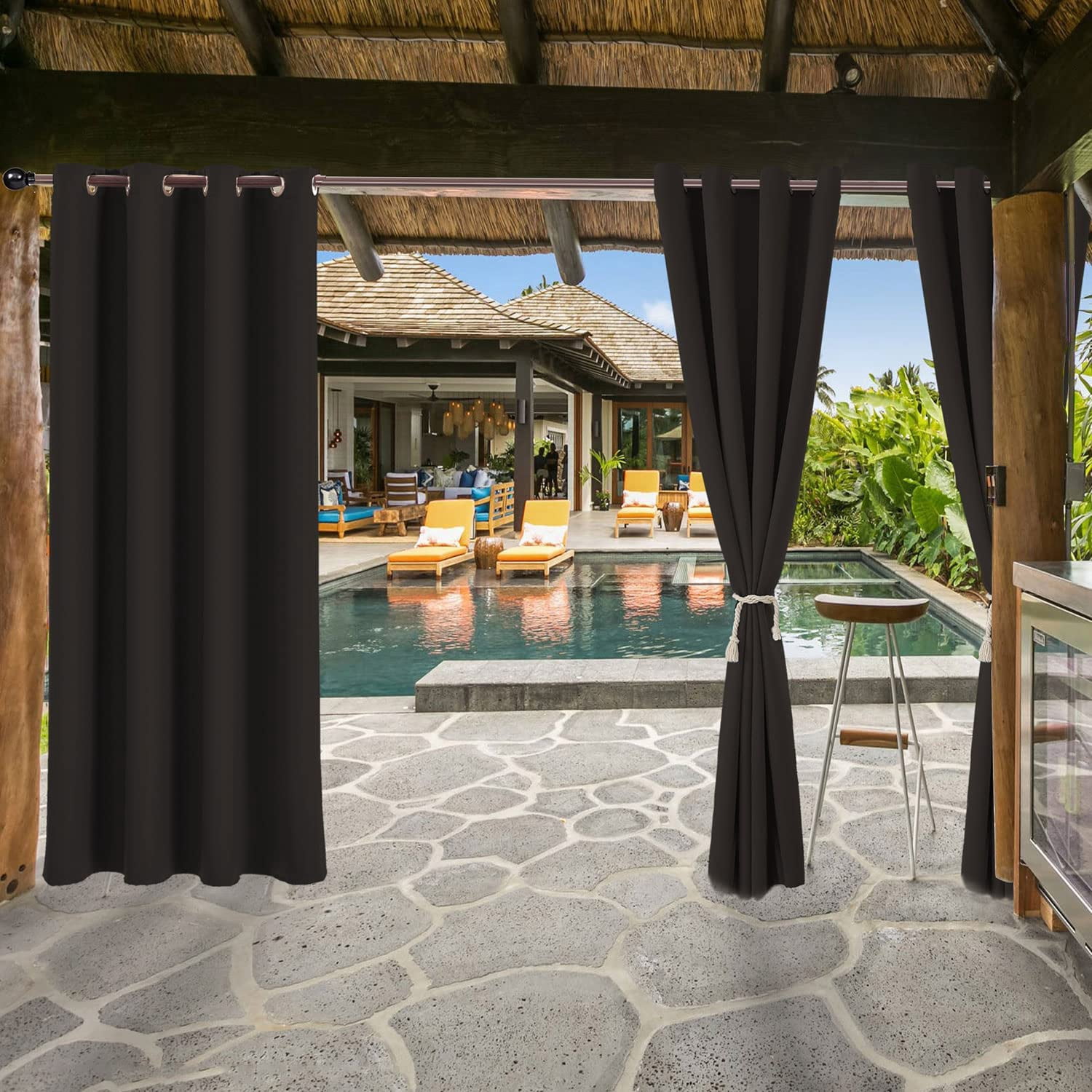 (4 Panel) Gazebo Patio Outdoor Curtains -Waterproof Garden Blackout Thermal Insulated Sun Shades Grommet Privacy Curtain for Pergola Porch, Black, W52 x L108 in