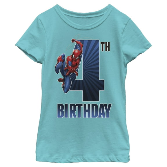 Girl's Marvel Spider-Man Swinging 4th Birthday Graphic Tee Tahiti Blue Small