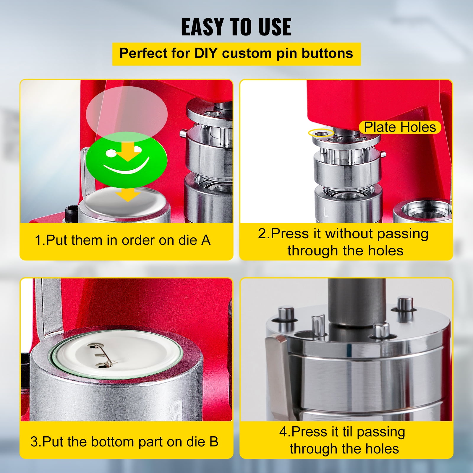 VEVORbrand Button Maker Machine 44 mm Button Badge Maker 1.73 Inch Red Pins Punch Press Machine With 1000 Pcs Circle Button Parts And Circle Cutter