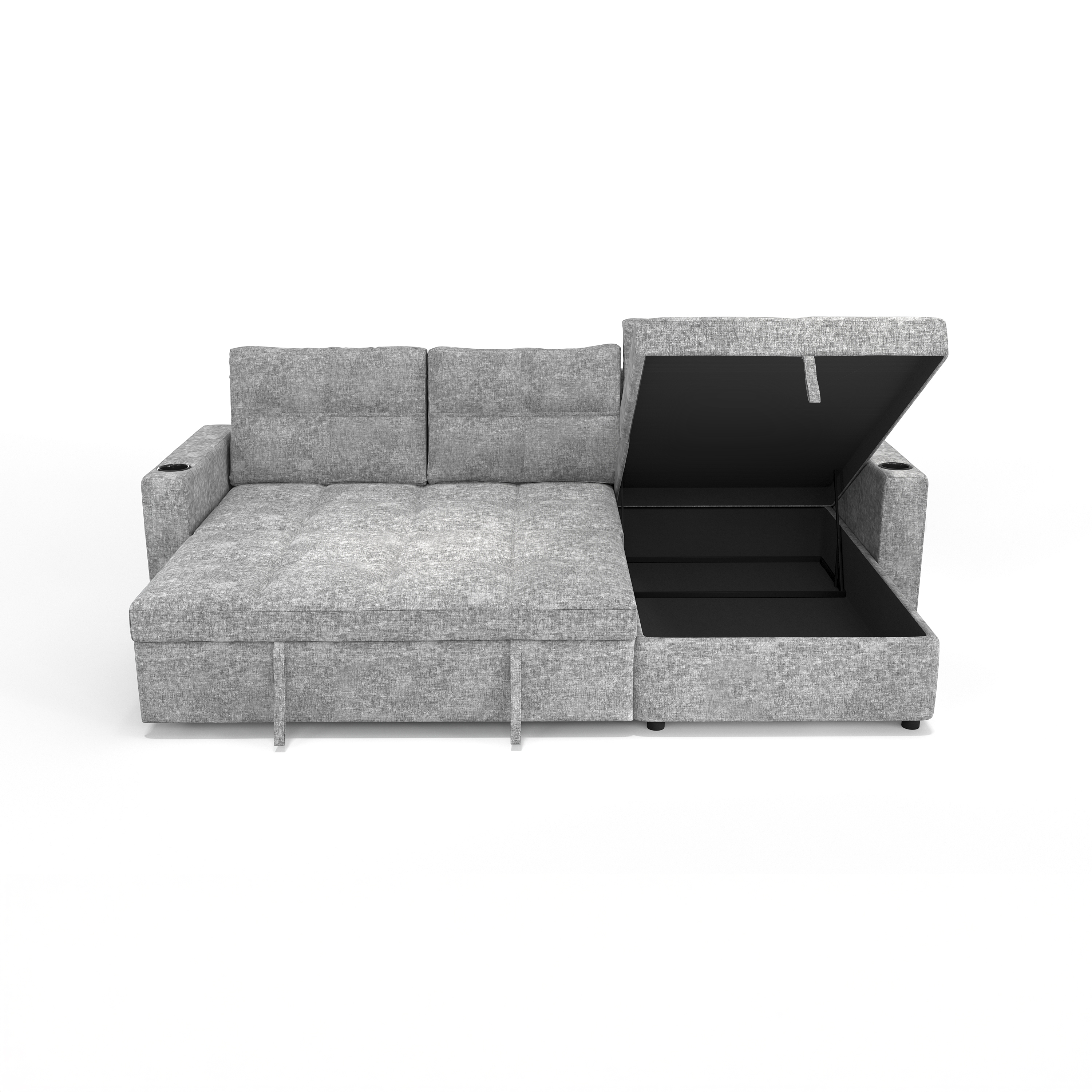 Modern Contemporary Convertible Chaise Sectional with Hidden Storage & Sleeper, Light Grey