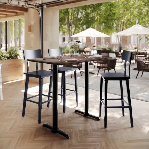 Flash Furniture 48" x 30" Tabletop with TopGuard HPL Technology in Dark Brown and Double 5" x 22" Black Bar Height T-Bases