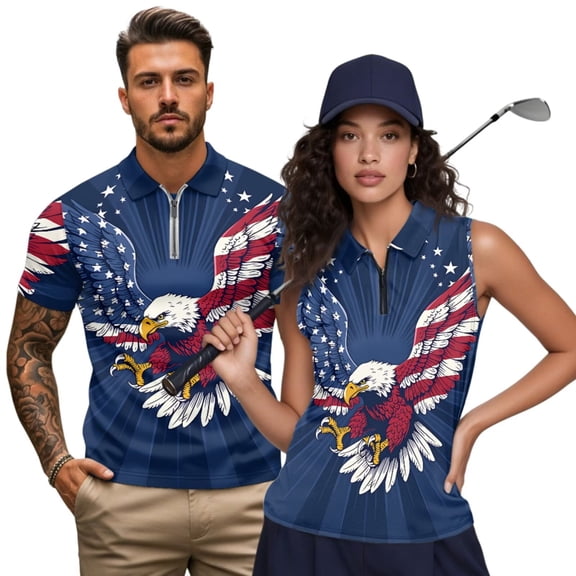 Aplkyhs Matching Golf Shirts for Couple American Flag Eagle Lightweight Quarter Zip Mens Hawaiian Shirt Golf Accessories for Men Machine Washable Quick Dry Suitable for Golf