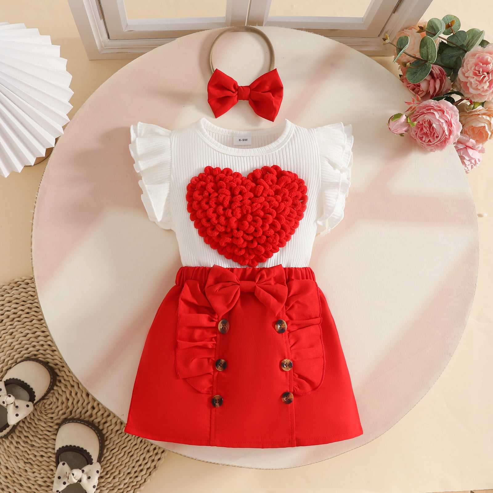 Faraee Toddler Baby Girl Skirts Outfit Infant Summer Clothes Ruffle Sleeveless Knit Vest Top A-Line Skirt Set with Headband (9-12M,Red)