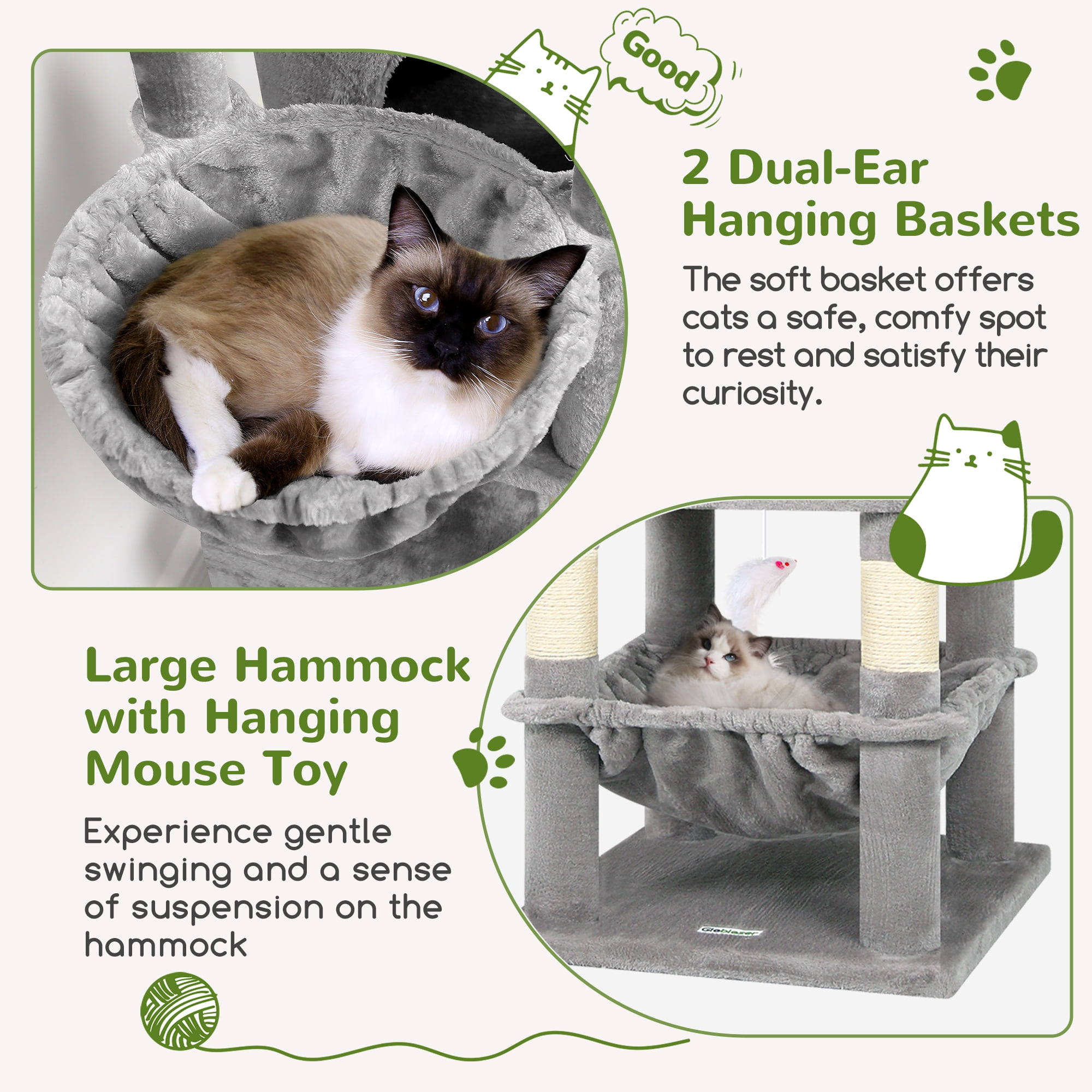 Globlazer 68" XL Corner Cat Tree Tower Condo for Large Cats - 6 Sisal Scratching Posts, 2 Condos, Hammock & Hanging Basket, Light Grey
