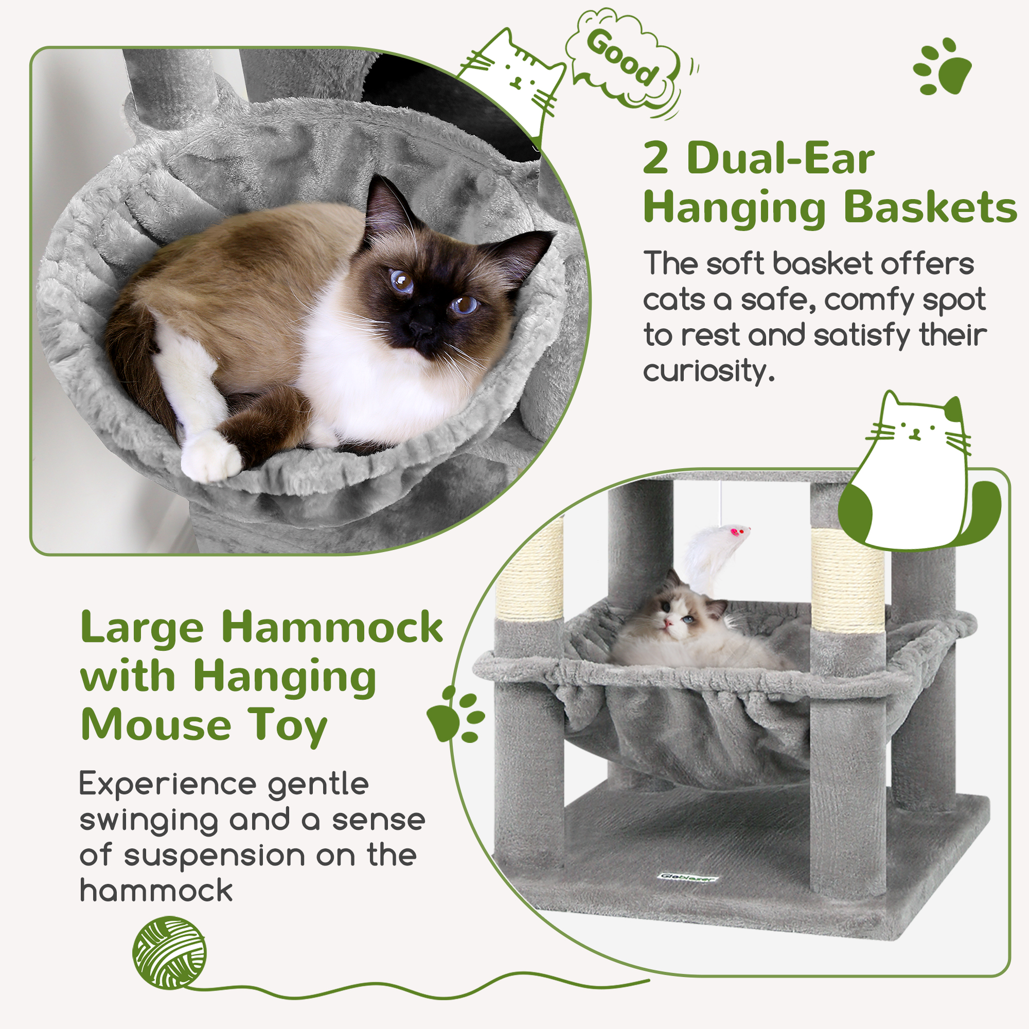 Globlazer 68" Corner Cat Tree with 6 Scratching Posts and 2 Condos, Light Grey photo 4